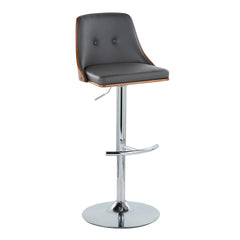 Gianna Mid-Century Modern Adjustable Barstool with Swivel in Chrome Metal, Walnut Wood and Grey Faux Leather with Rounded T Footrest by LumiSource - Set of 2