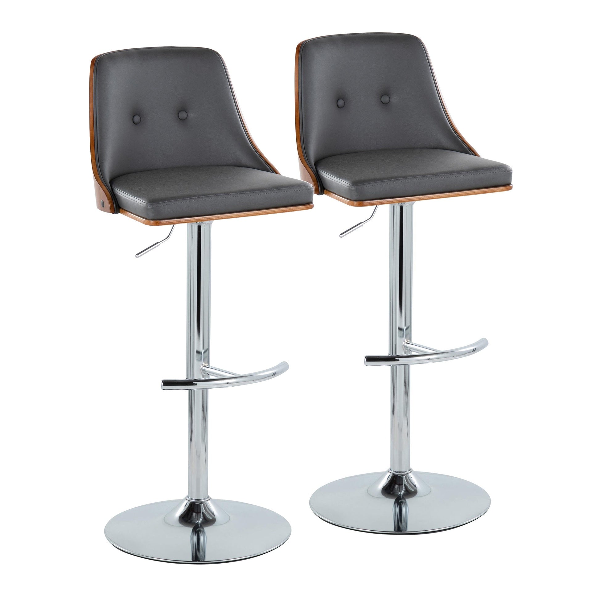 Gianna Mid-Century Modern Adjustable Barstool with Swivel in Chrome Metal, Walnut Wood and Grey Faux Leather with Rounded T Footrest by LumiSource - Set of 2