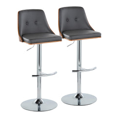 Gianna Mid-Century Modern Adjustable Barstool with Swivel in Chrome Metal, Walnut Wood and Grey Faux Leather with Rounded T Footrest by LumiSource - Set of 2