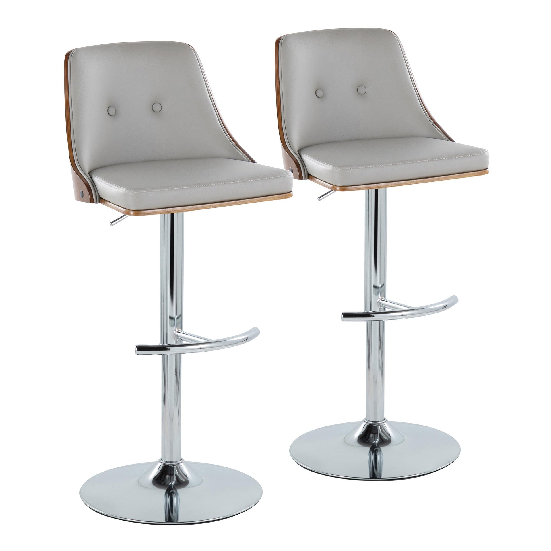 Gianna Mid-Century Modern Adjustable Barstool with Swivel in Chrome Metal, Walnut Wood and Light Grey Faux Leather with Rounded T Footrest by LumiSource - Set of 2