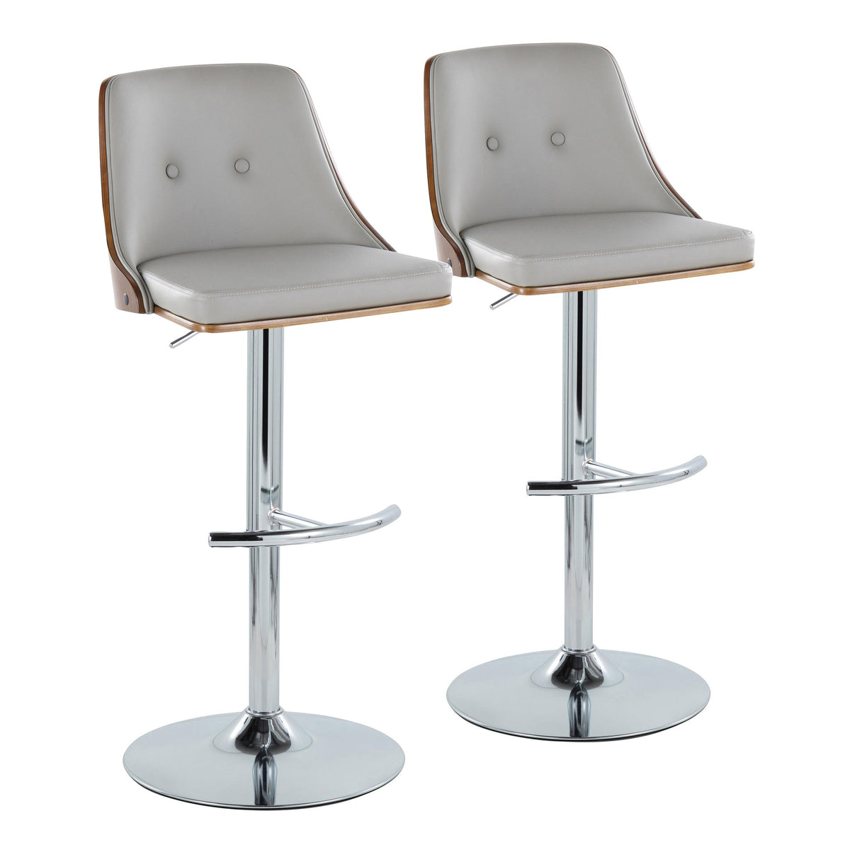 Gianna Mid-Century Modern Adjustable Barstool with Swivel in Chrome Metal, Walnut Wood and Light Grey Faux Leather with Rounded T Footrest by LumiSource - Set of 2