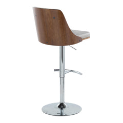 Gianna Mid-Century Modern Adjustable Barstool with Swivel in Chrome Metal, Walnut Wood and Light Grey Faux Leather with Rounded T Footrest by LumiSource - Set of 2
