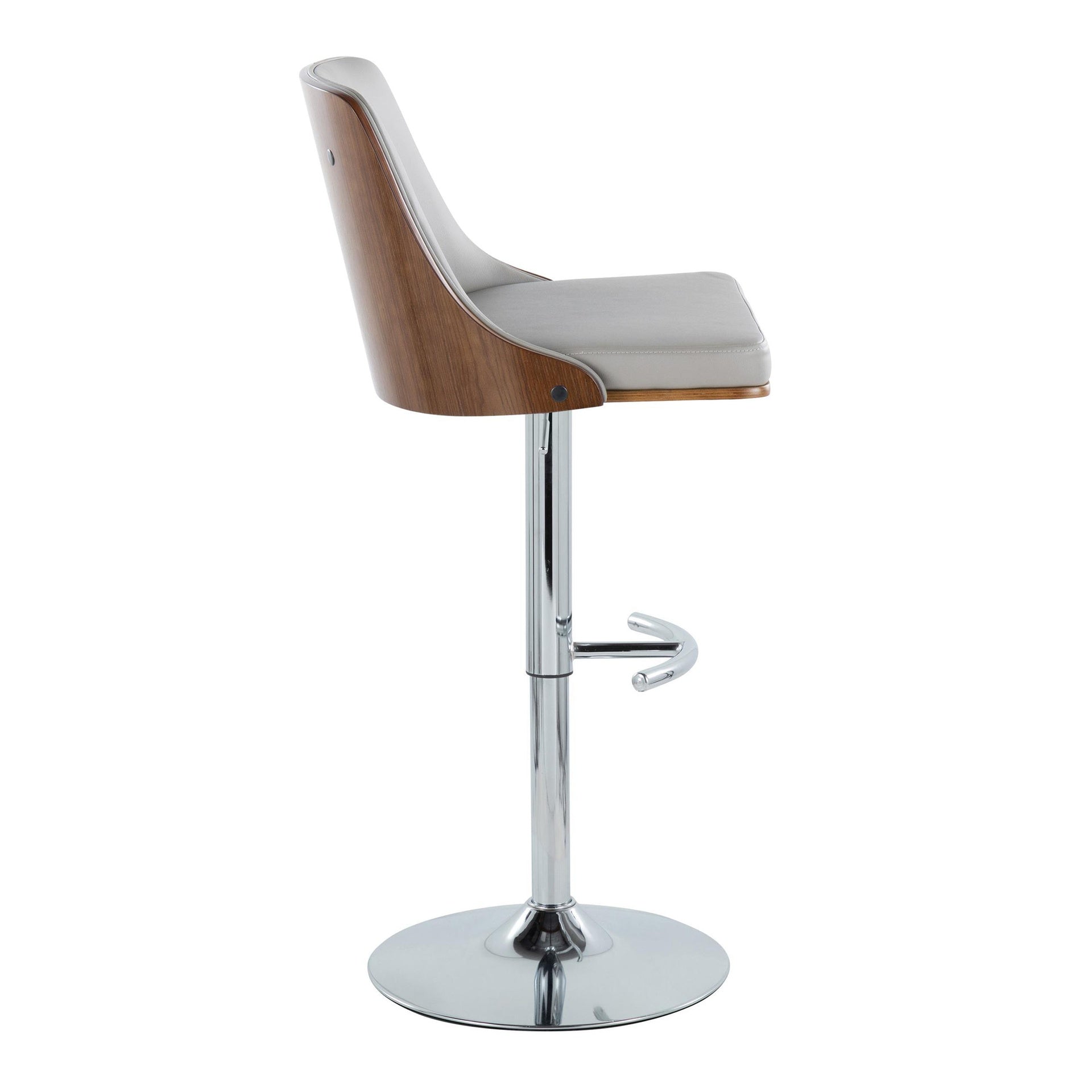 Gianna Mid-Century Modern Adjustable Barstool with Swivel in Chrome Metal, Walnut Wood and Light Grey Faux Leather with Rounded T Footrest by LumiSource - Set of 2