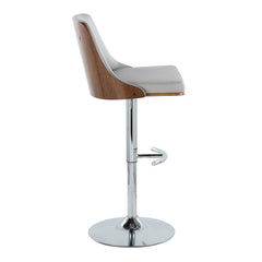 Gianna Mid-Century Modern Adjustable Barstool with Swivel in Chrome Metal, Walnut Wood and Light Grey Faux Leather with Rounded T Footrest by LumiSource - Set of 2
