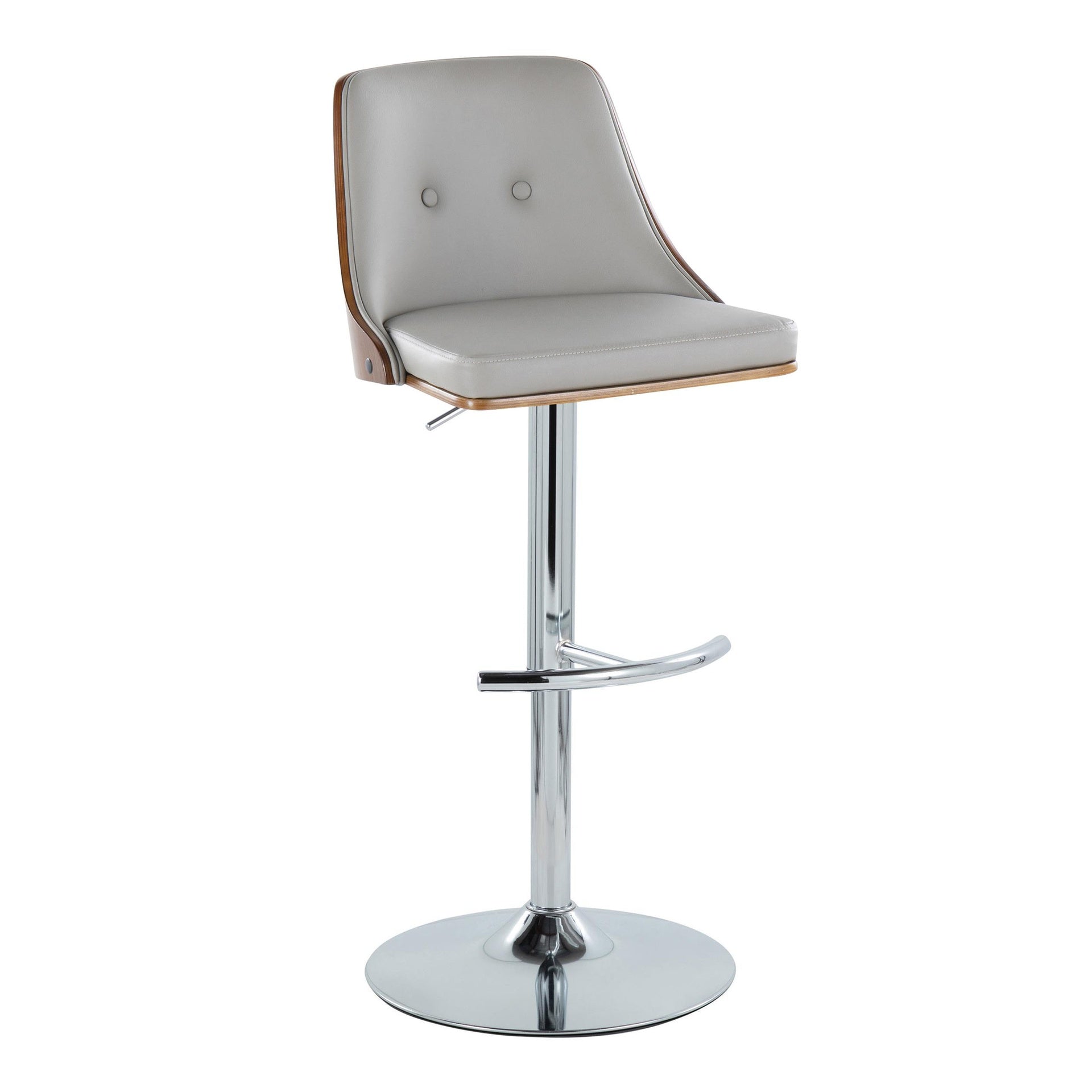 Gianna Mid-Century Modern Adjustable Barstool with Swivel in Chrome Metal, Walnut Wood and Light Grey Faux Leather with Rounded T Footrest by LumiSource - Set of 2