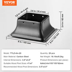 4x4 Post Base 20Pcs, Internal 3.6"x3.6" Heavy Duty Powder-Coated Steel Post Bracket Fit for Standard Wood Post Anchor, Decking Post Base for Deck Porch Handrail Railing Support