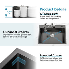 Stainless Steel Kitchen Sink, 23″x19″ Single Bowl, Undermount Handmade Sink in Black, with US Standard Drain and Hook, LS-SSBL02