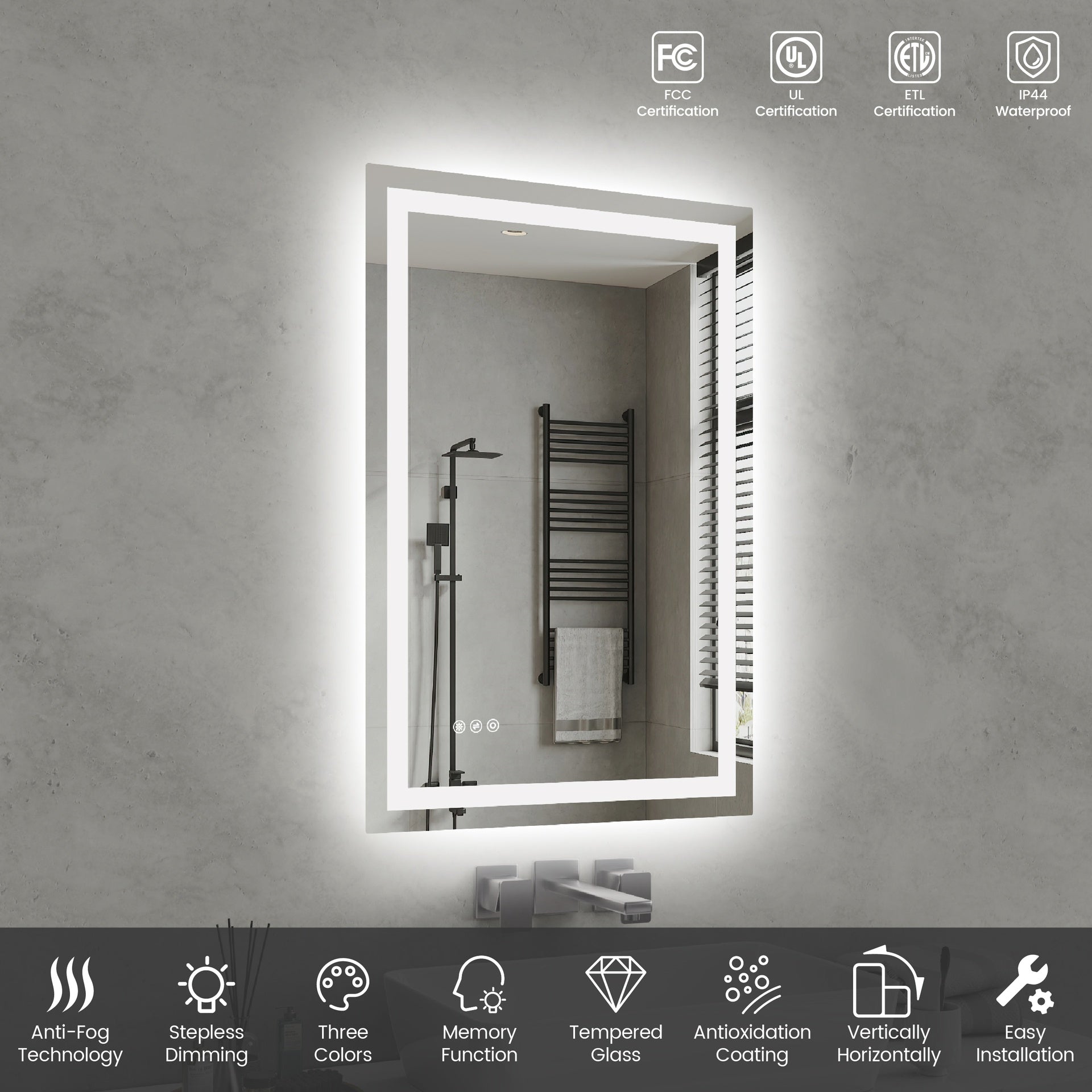 24"*36"LED Bathroom Mirror,Front-Lit and Back-Lit, Stepless Dimmable, 3 Colors CRI90+, Brightness Memory, Shatter-Proof,Anti-fog LED Vanity Mirror, IP44 Waterproof