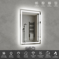 24"*36"LED Bathroom Mirror,Front-Lit and Back-Lit, Stepless Dimmable, 3 Colors CRI90+, Brightness Memory, Shatter-Proof,Anti-fog LED Vanity Mirror, IP44 Waterproof