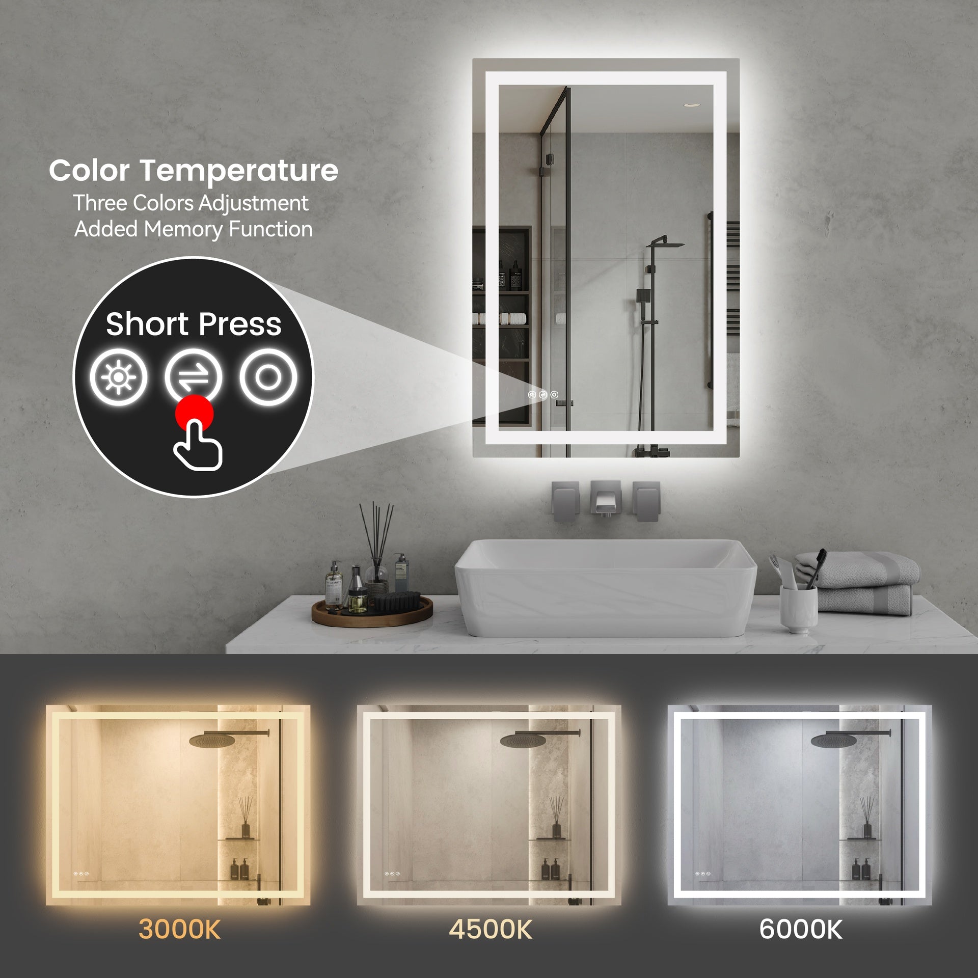 24"*36"LED Bathroom Mirror,Front-Lit and Back-Lit, Stepless Dimmable, 3 Colors CRI90+, Brightness Memory, Shatter-Proof,Anti-fog LED Vanity Mirror, IP44 Waterproof