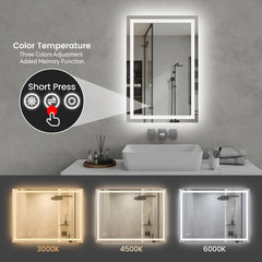 24"*36"LED Bathroom Mirror,Front-Lit and Back-Lit, Stepless Dimmable, 3 Colors CRI90+, Brightness Memory, Shatter-Proof,Anti-fog LED Vanity Mirror, IP44 Waterproof