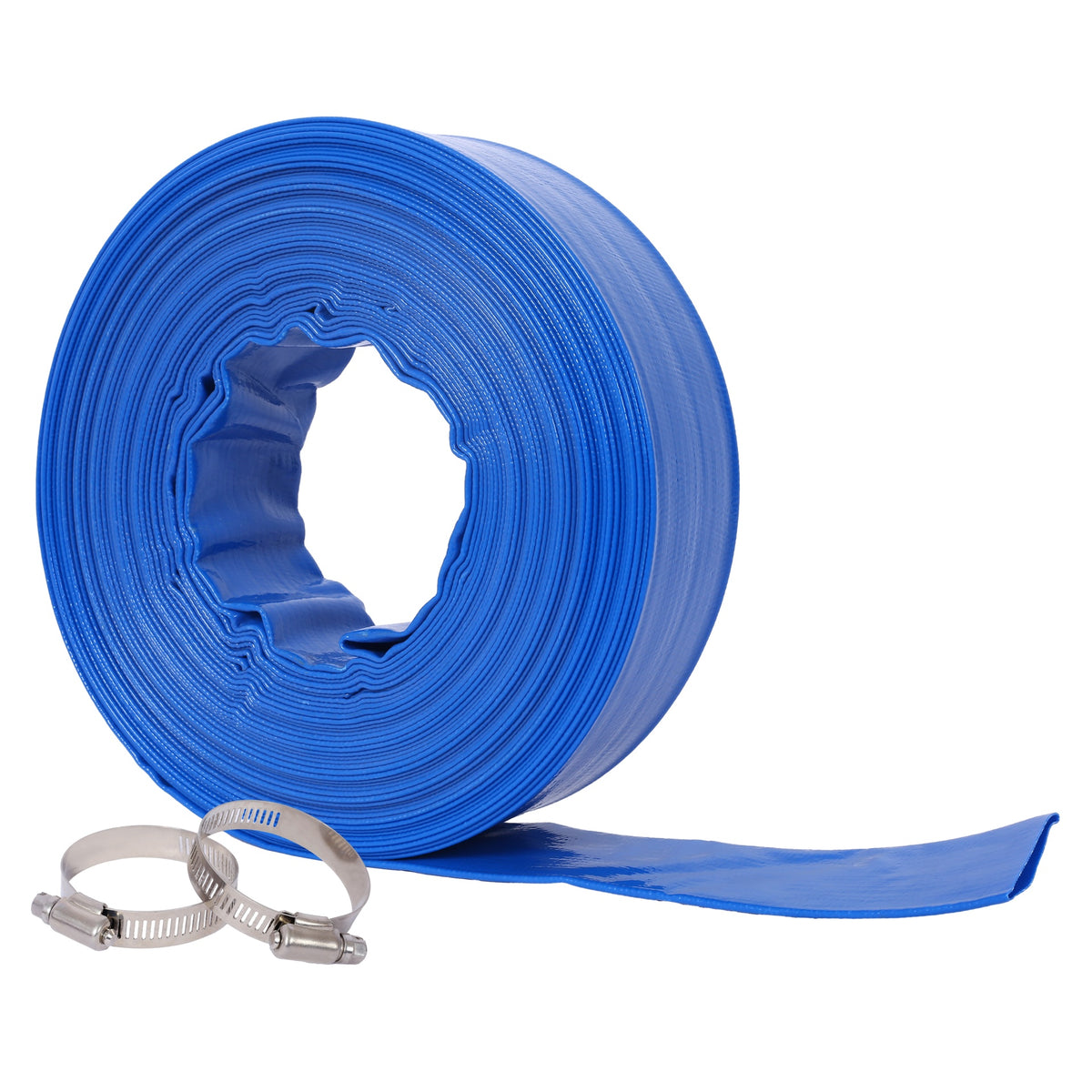 2"x100FT  Pool Backwash Hose, Blue Heavy Duty Reinforced PVC Lay Flat Water Discharge Hose for Swimming Pool Filter Pump,with 2 Clamp