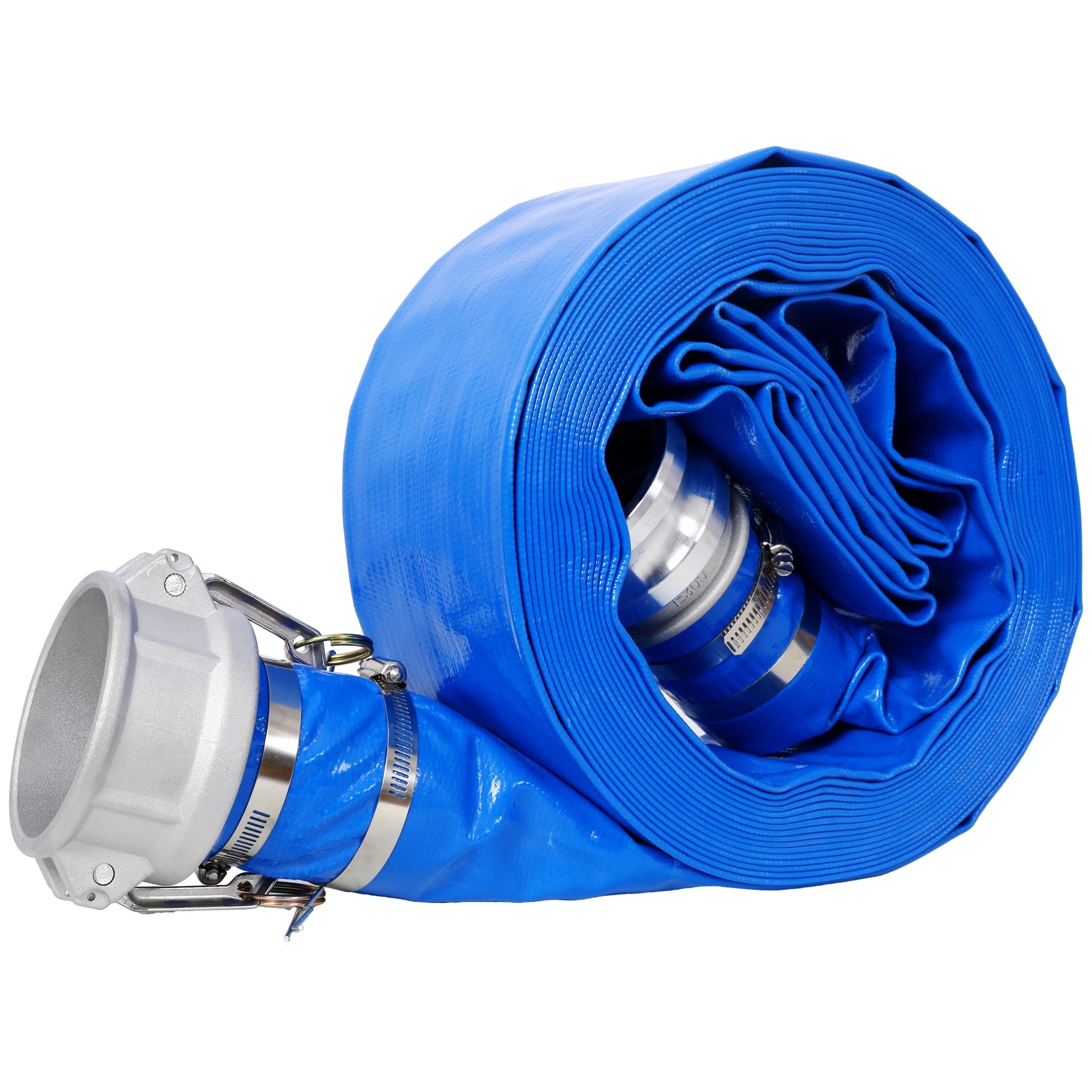 3"x50FT  Pool Backwash Hose, Heavy Duty Reinforced Blue PVC Lay Flat Water Discharge Pump Hoses For Swimming Drain Pools and Clean Filters, with Aluminum Camlock C and E Fittings