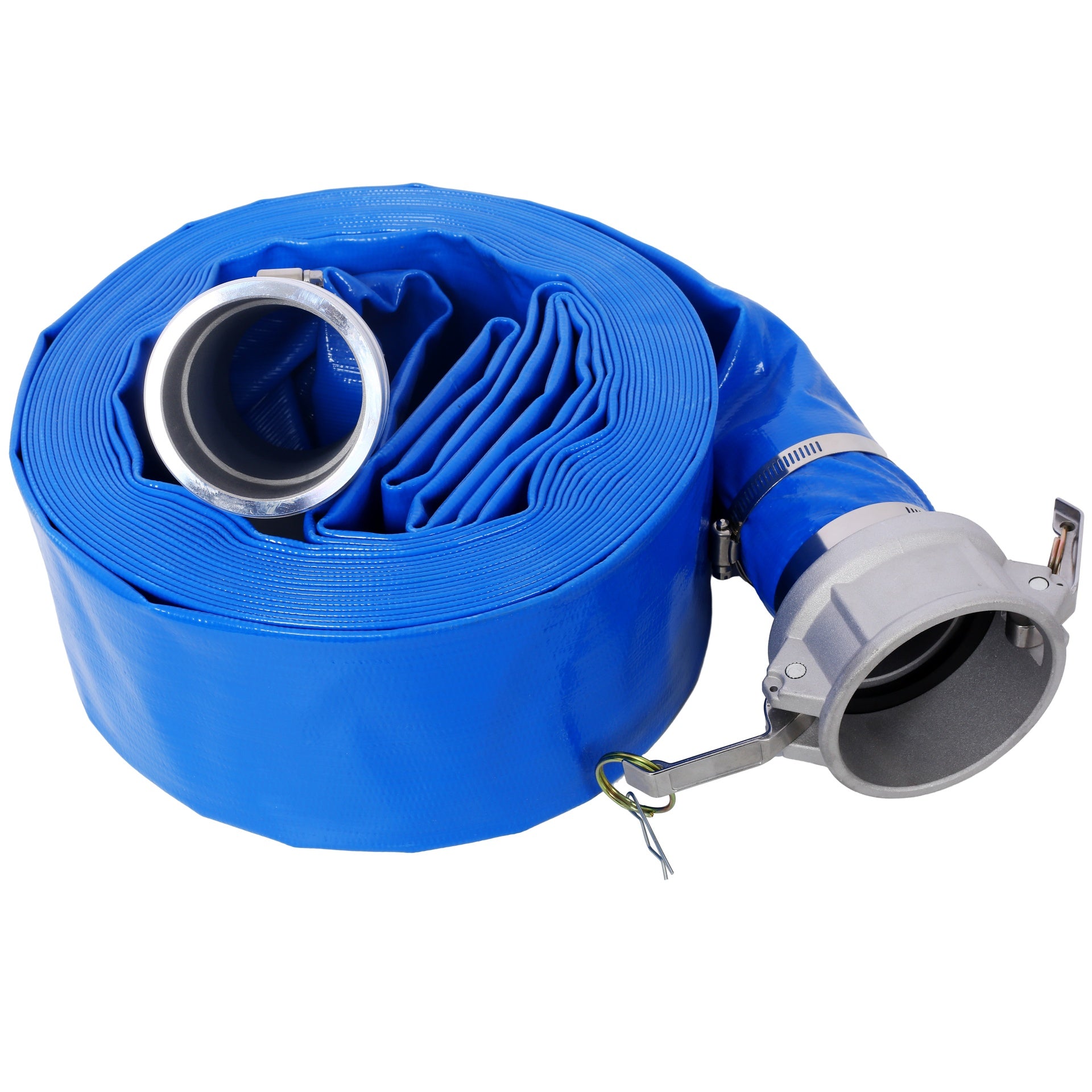 3"x50FT  Pool Backwash Hose, Heavy Duty Reinforced Blue PVC Lay Flat Water Discharge Pump Hoses For Swimming Drain Pools and Clean Filters, with Aluminum Camlock C and E Fittings