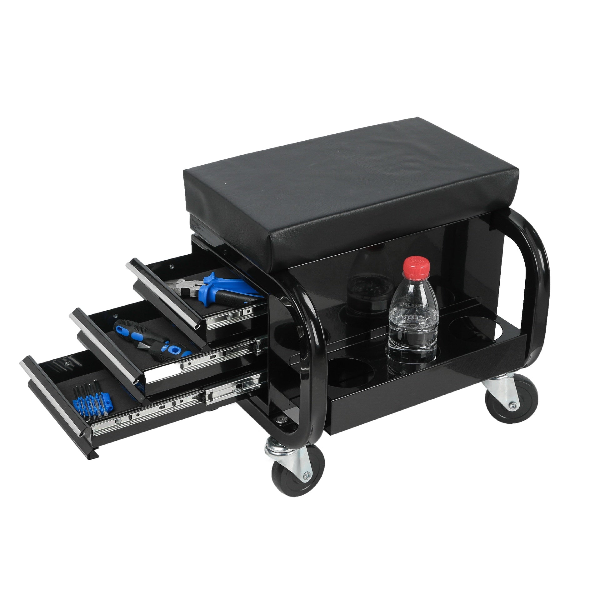 Rolling Creeper Garage/Shop Seat with Three Built-in Drawers, Rolling Tool Chest,Black