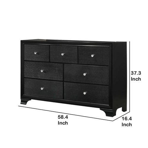 Seven Drawer Wooden Dresser with Bracket Feet and Crystal Knobs, Black