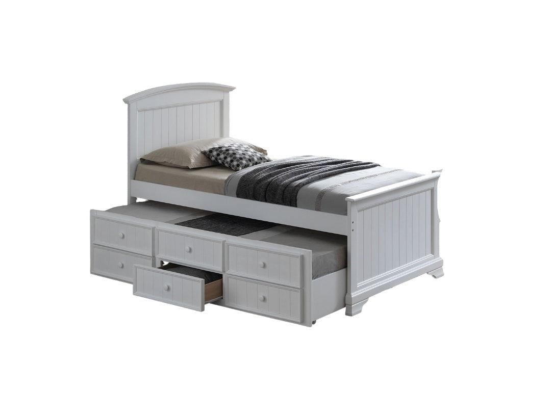 Transitional Style Capital Twin Bum Bed White Finish Headboard And Footboard Panel Trundle With 3 Storage Drawers Mortise & Tenon Joint