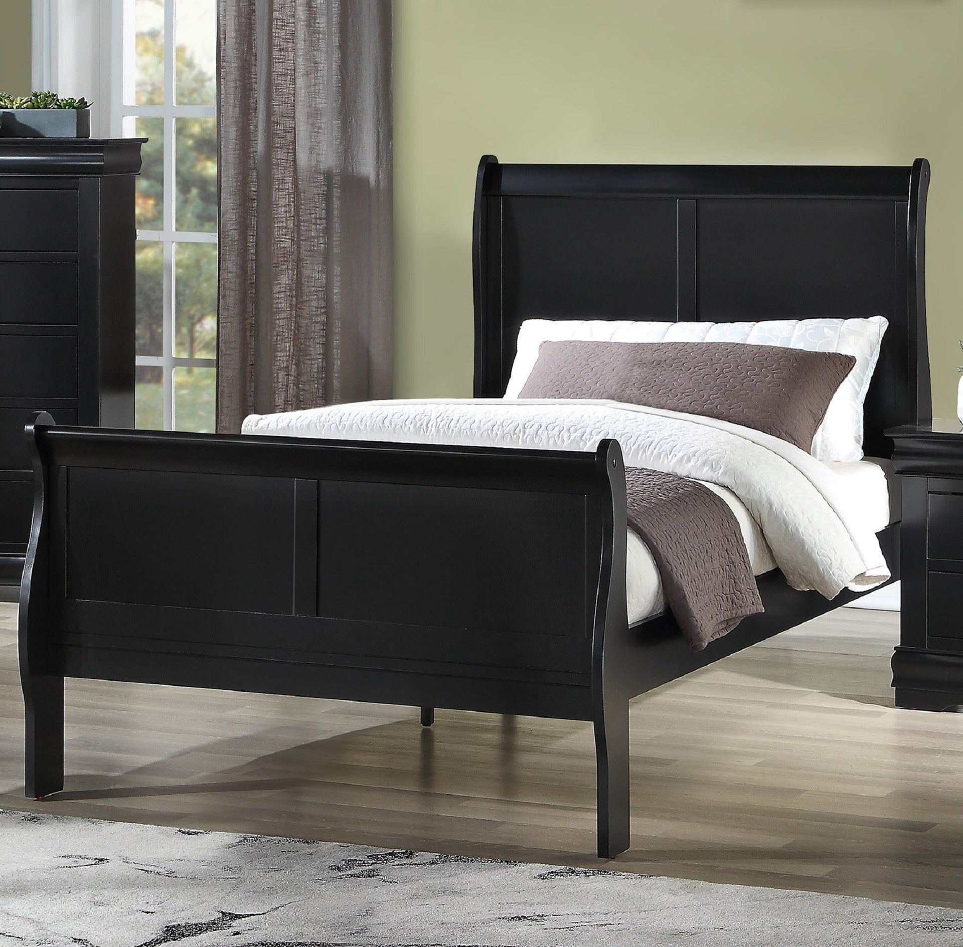 Louis Phillipe Brown Cherry Finish Twin Size Youth Panel Sleigh Bed Solid Wood Wooden Bedroom Furniture