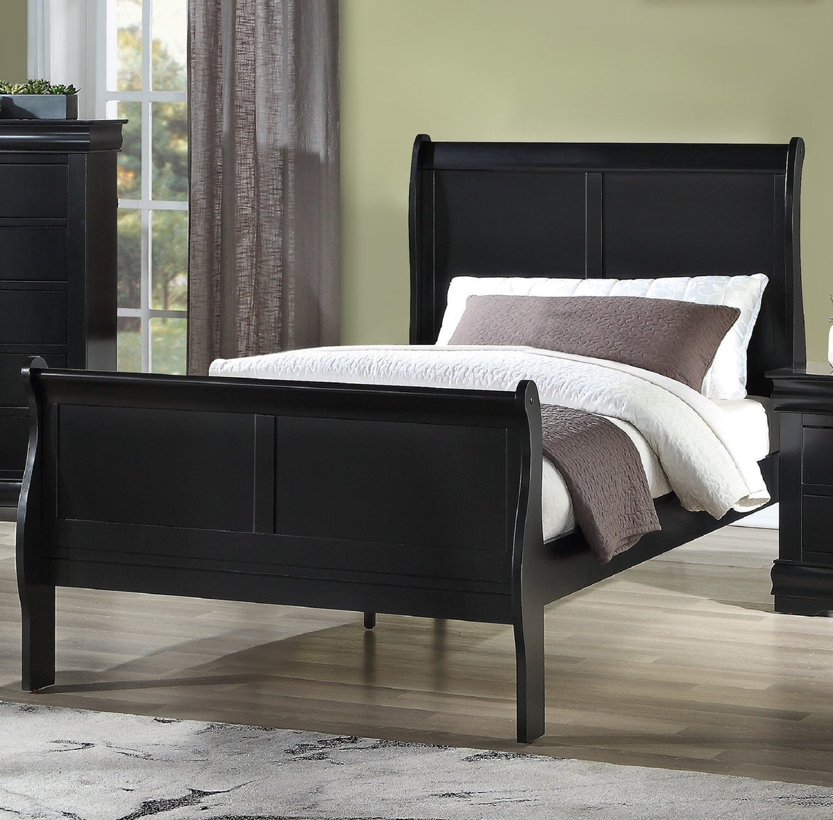 Louis Phillipe Brown Cherry Finish Twin Size Youth Panel Sleigh Bed Solid Wood Wooden Bedroom Furniture