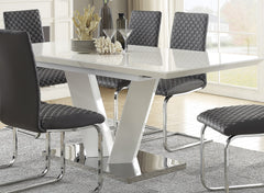 Sleek Contemporary Style Dining Table White High Gloss Finish Tabletop Self-Storing Extension Leaf V-shaped Support Chrome Base Plate Dining Room Furniture 1pc