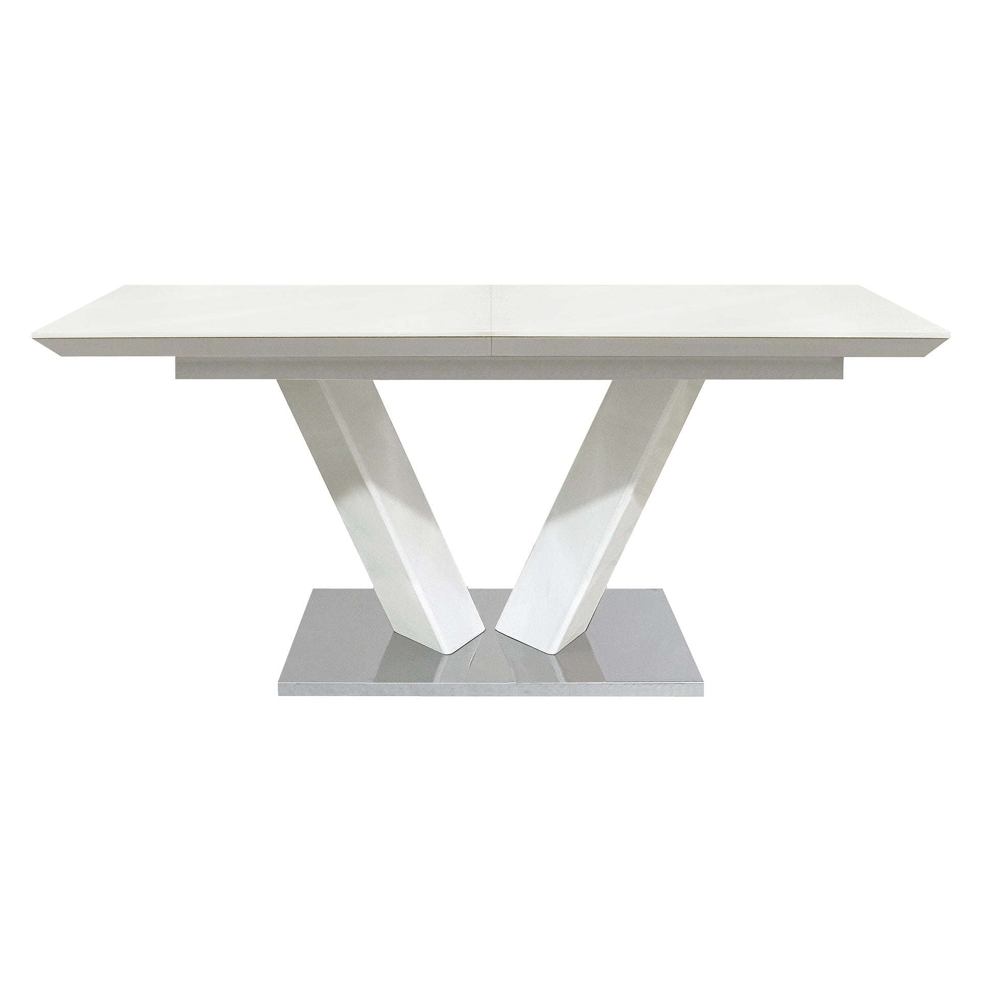 Sleek Contemporary Style Dining Table White High Gloss Finish Tabletop Self-Storing Extension Leaf V-shaped Support Chrome Base Plate Dining Room Furniture 1pc
