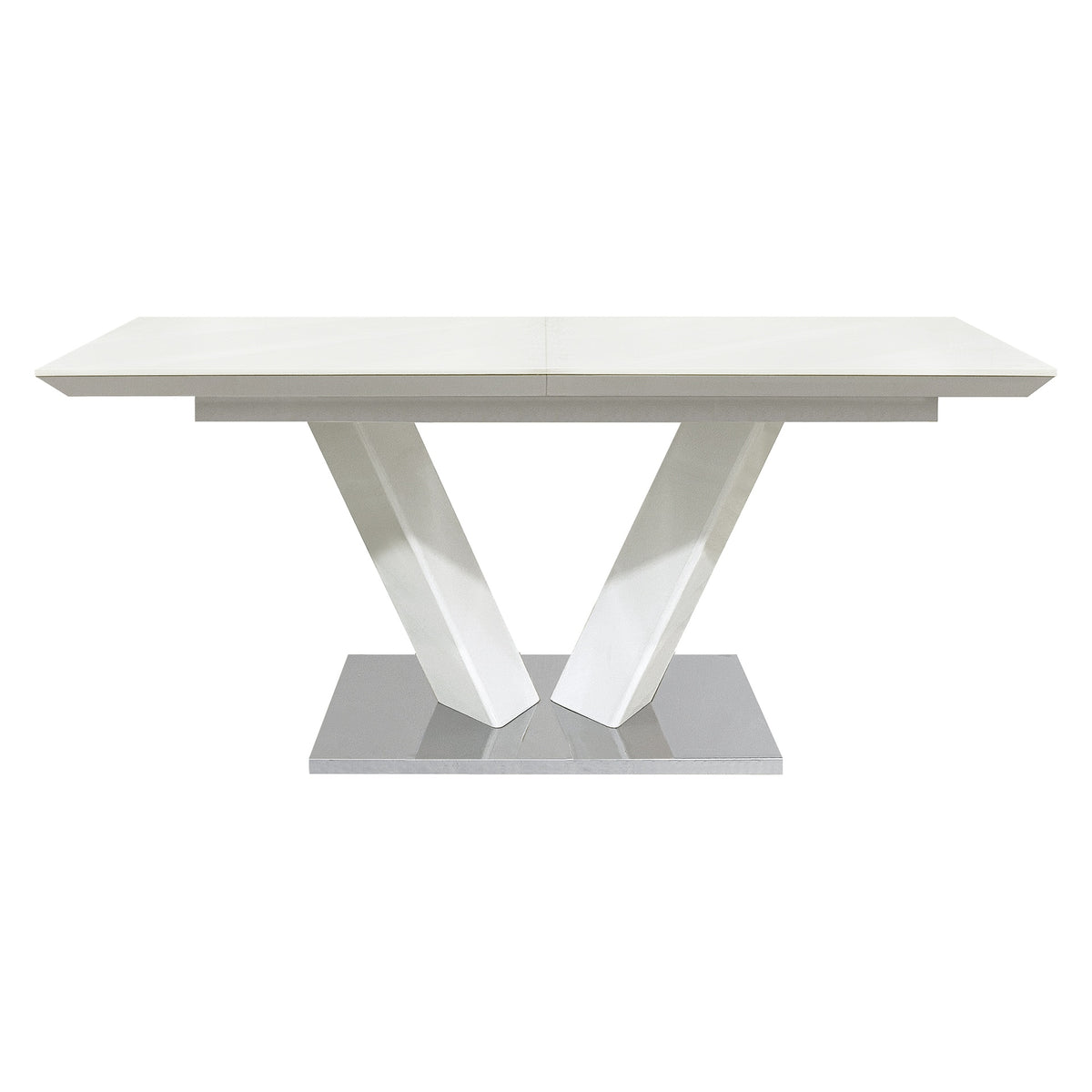 Sleek Contemporary Style Dining Table White High Gloss Finish Tabletop Self-Storing Extension Leaf V-shaped Support Chrome Base Plate Dining Room Furniture 1pc