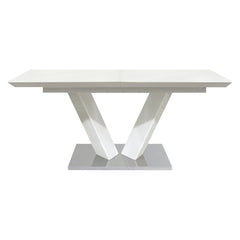 Sleek Contemporary Style Dining Table White High Gloss Finish Tabletop Self-Storing Extension Leaf V-shaped Support Chrome Base Plate Dining Room Furniture 1pc