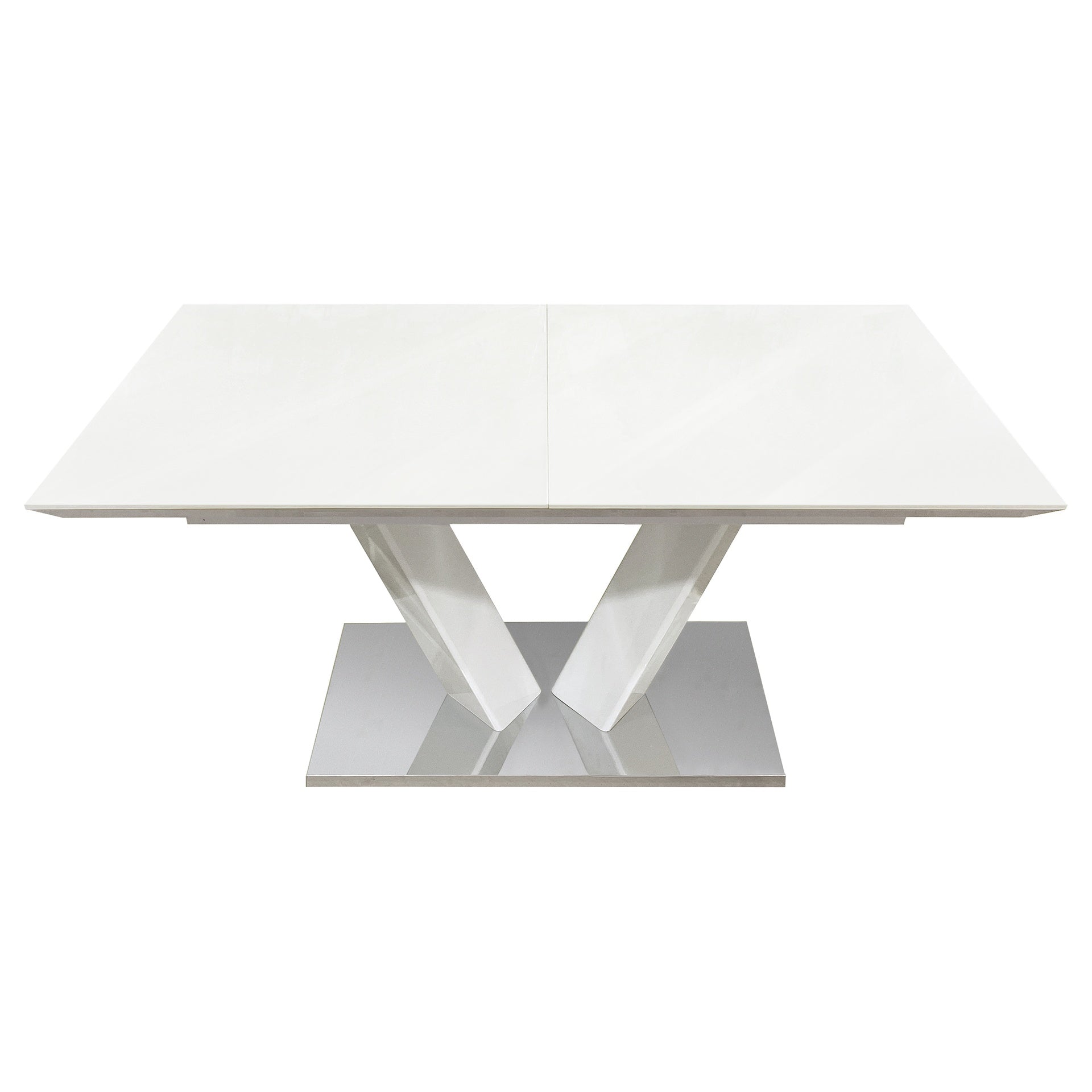 Sleek Contemporary Style Dining Table White High Gloss Finish Tabletop Self-Storing Extension Leaf V-shaped Support Chrome Base Plate Dining Room Furniture 1pc