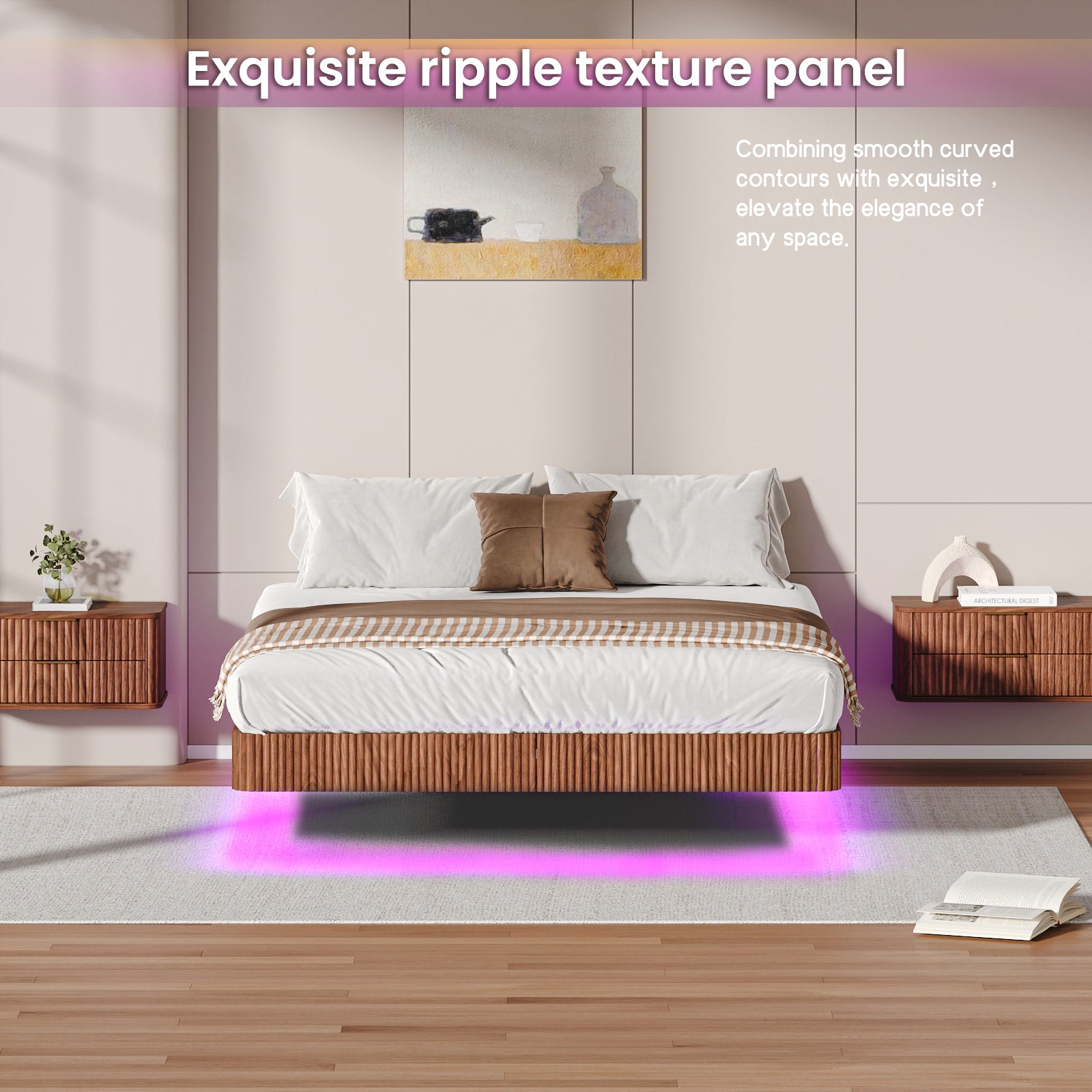 Walnut Queen Floating Bed Frame with LED Lights, Wave Curve Wood Texture Bed with Heavy Duty Metal Slats - No Box Spring Needed.
