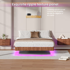 Walnut Queen Floating Bed Frame with LED Lights, Wave Curve Wood Texture Bed with Heavy Duty Metal Slats - No Box Spring Needed.