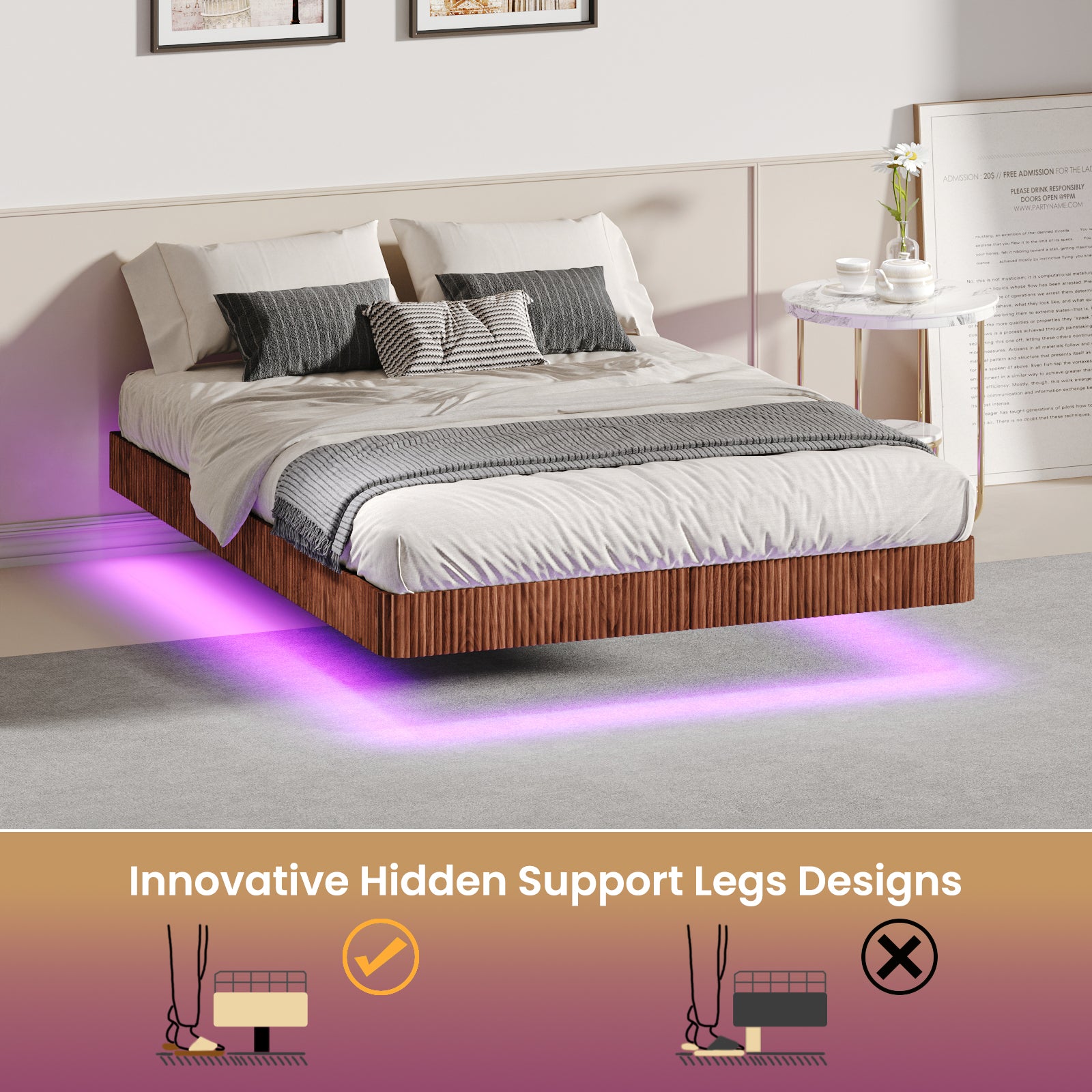 Walnut Queen Floating Bed Frame with LED Lights, Wave Curve Wood Texture Bed with Heavy Duty Metal Slats - No Box Spring Needed.
