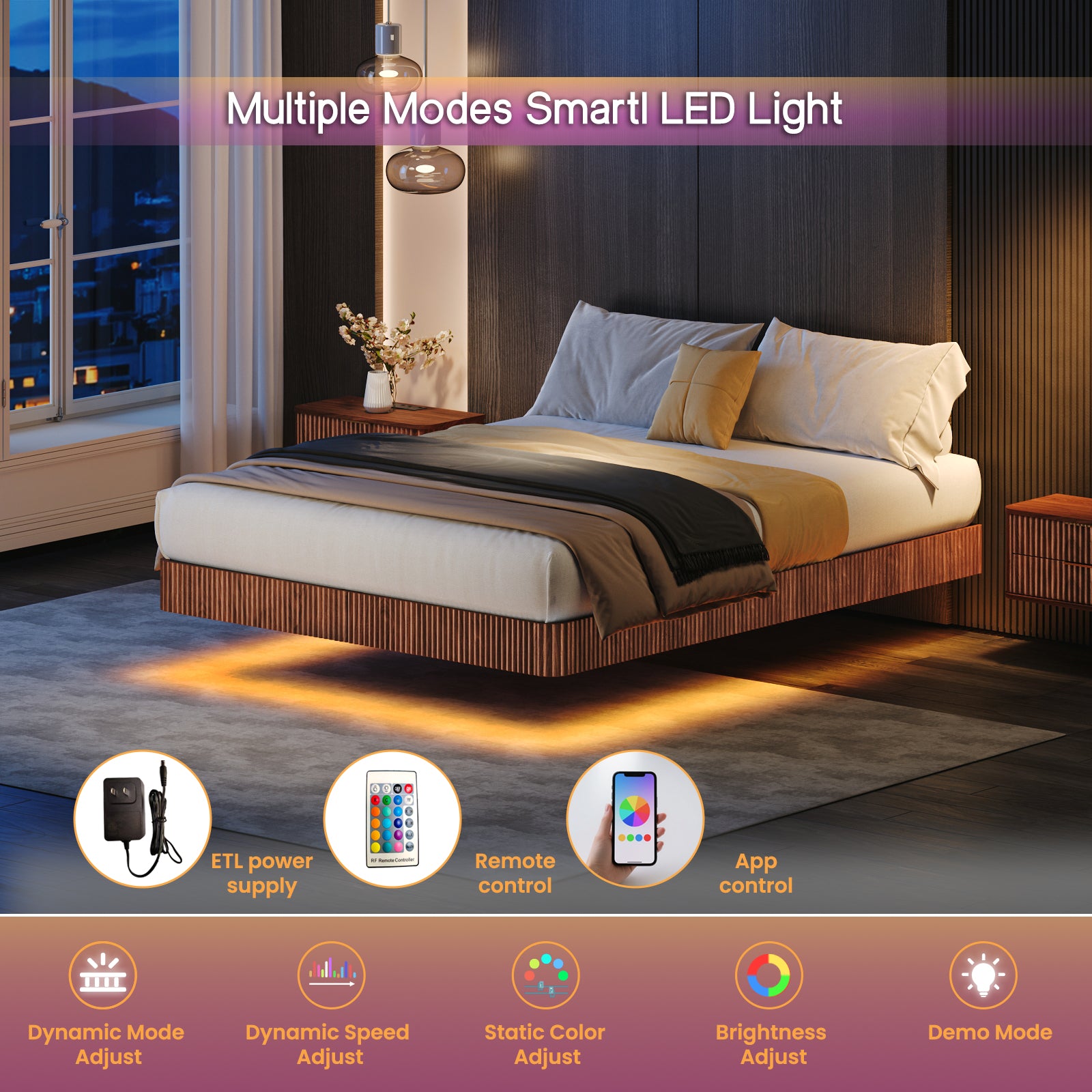 Walnut Queen Floating Bed Frame with LED Lights, Wave Curve Wood Texture Bed with Heavy Duty Metal Slats - No Box Spring Needed.