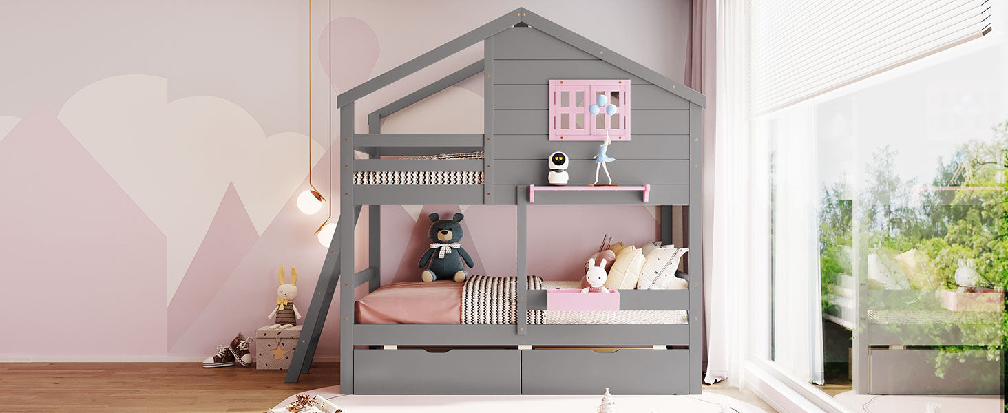 Twin over Twin Bunk Bed with 2 Drawers, 1 Storage Box, 1 Shelf, Window and Roof-Gray