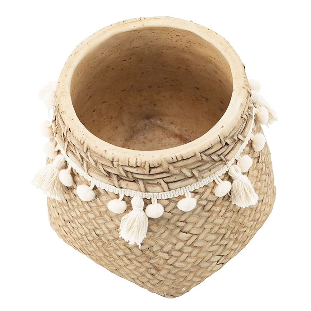 Set of 2 6.5x6.5x6" Brown Cement Planter with Woven Tassel Accent