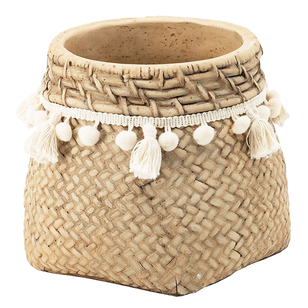 Set of 2 6.5x6.5x6" Brown Cement Planter with Woven Tassel Accent