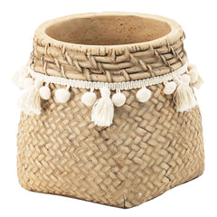 Set of 2 6.5x6.5x6" Brown Cement Planter with Woven Tassel Accent