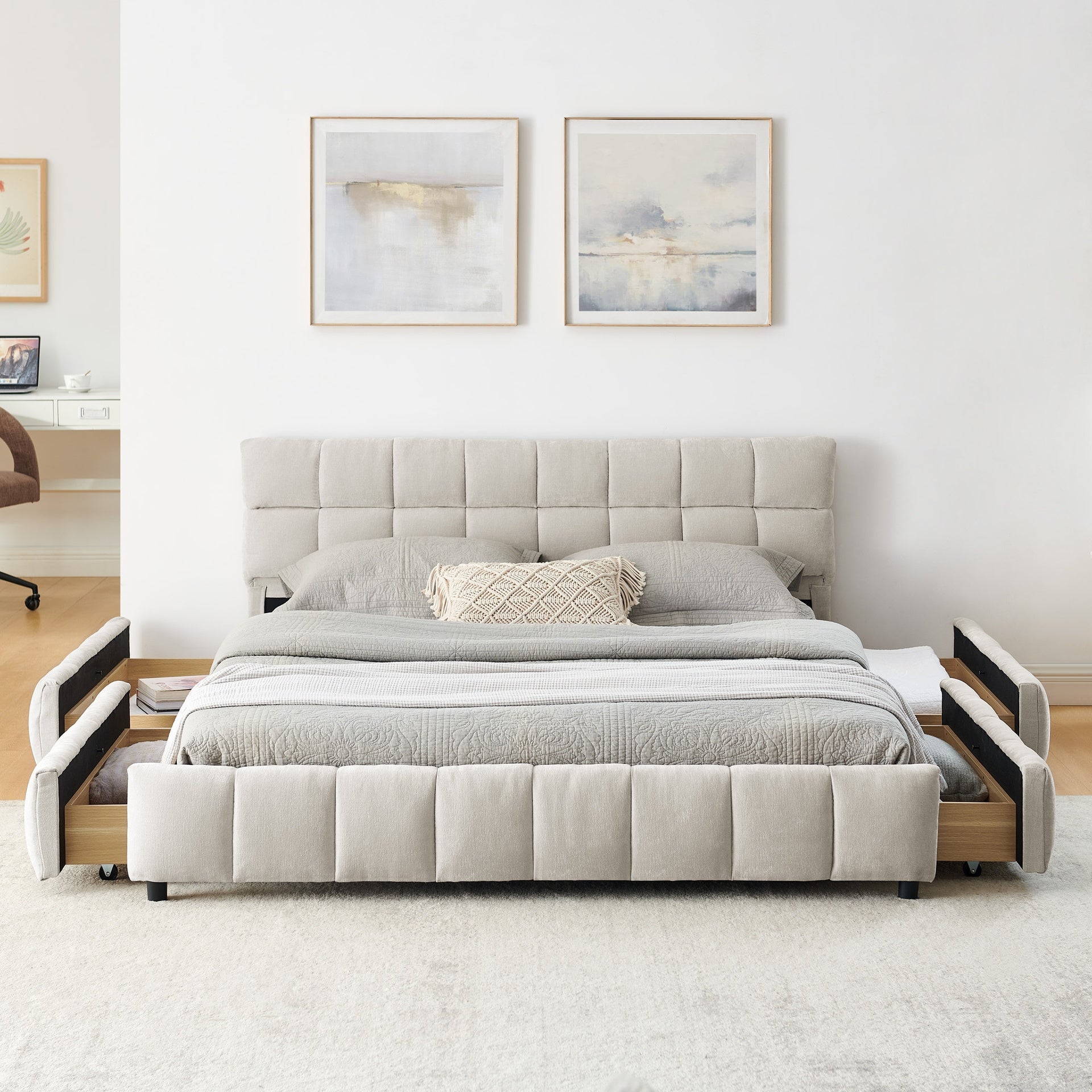 Queen Size Upholstered Bed ,comfortable upholstered bed frame, Chenille fabric, with headboard and solid bed frame. With drawer for storage.-Beige(88.5''*68.5''*31'')