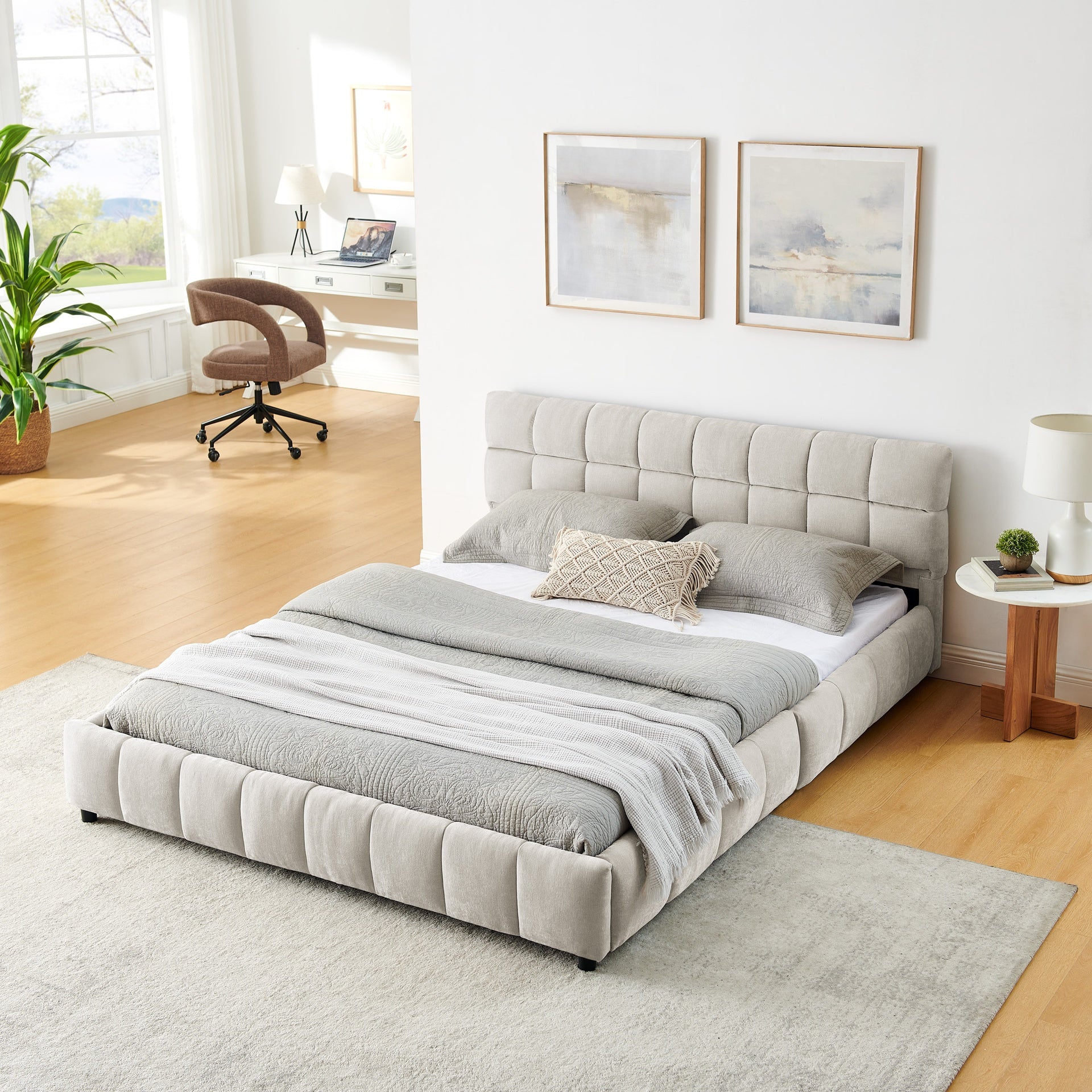 Queen Size Upholstered Bed ,comfortable upholstered bed frame, Chenille fabric, with headboard and solid bed frame. With drawer for storage.-Beige(88.5''*68.5''*31'')