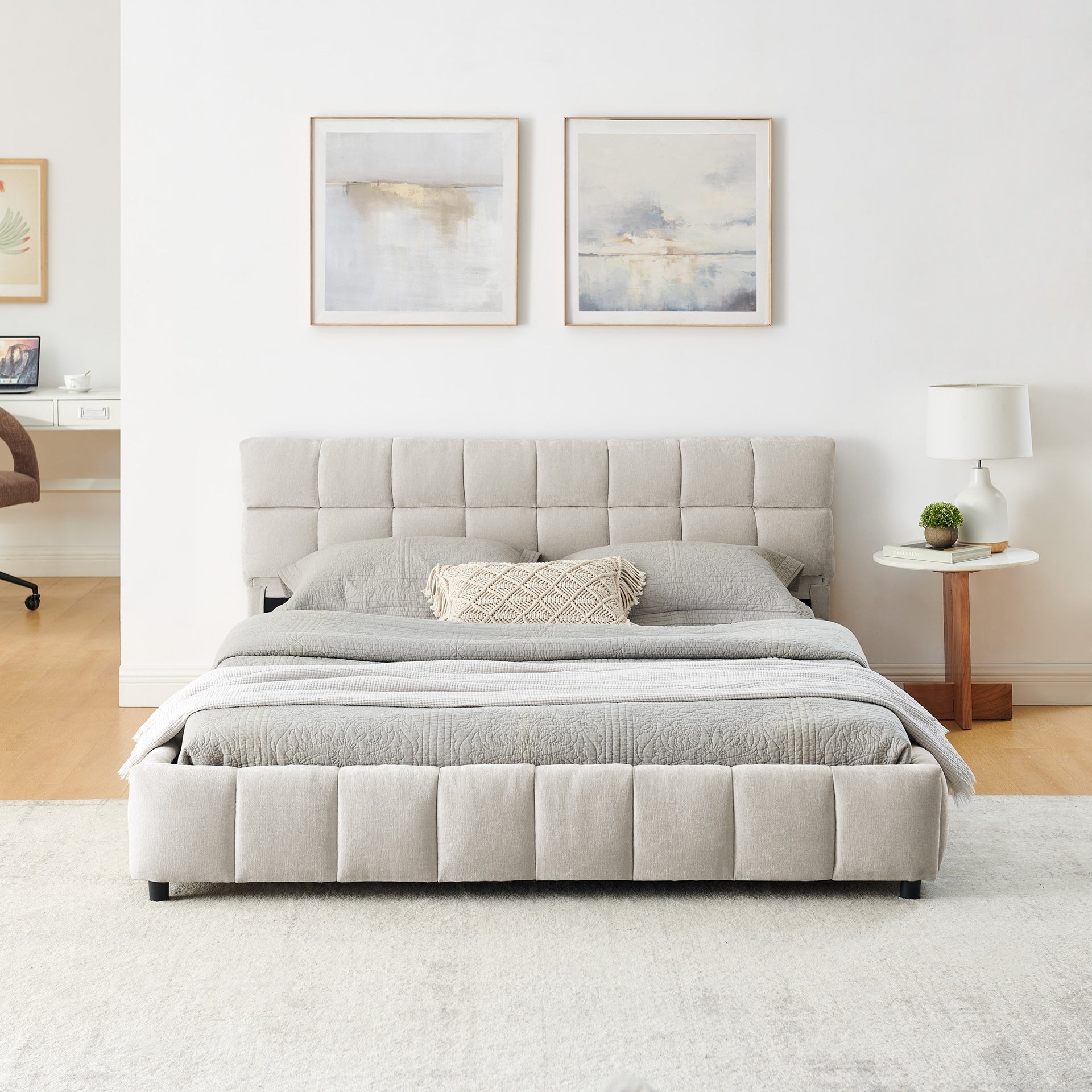 Queen Size Upholstered Bed ,comfortable upholstered bed frame, Chenille fabric, with headboard and solid bed frame. With drawer for storage.-Beige(88.5''*68.5''*31'')