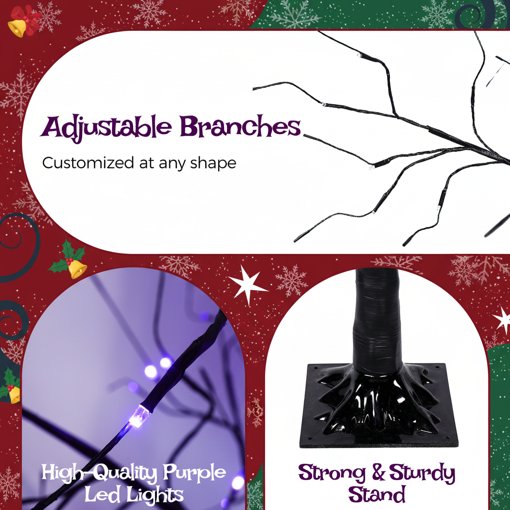3 Pac Christmas Tree with Purple Lights, 4FT 5FT and 6FT, Lighted Black Tree for Christmas Decoration