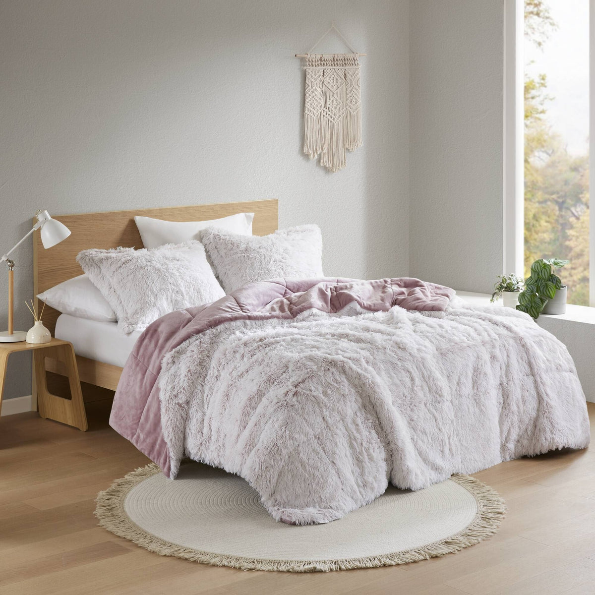 3 PCS King/Cal King Shaggy Faux Fur Comforter Mini Set Pink/White