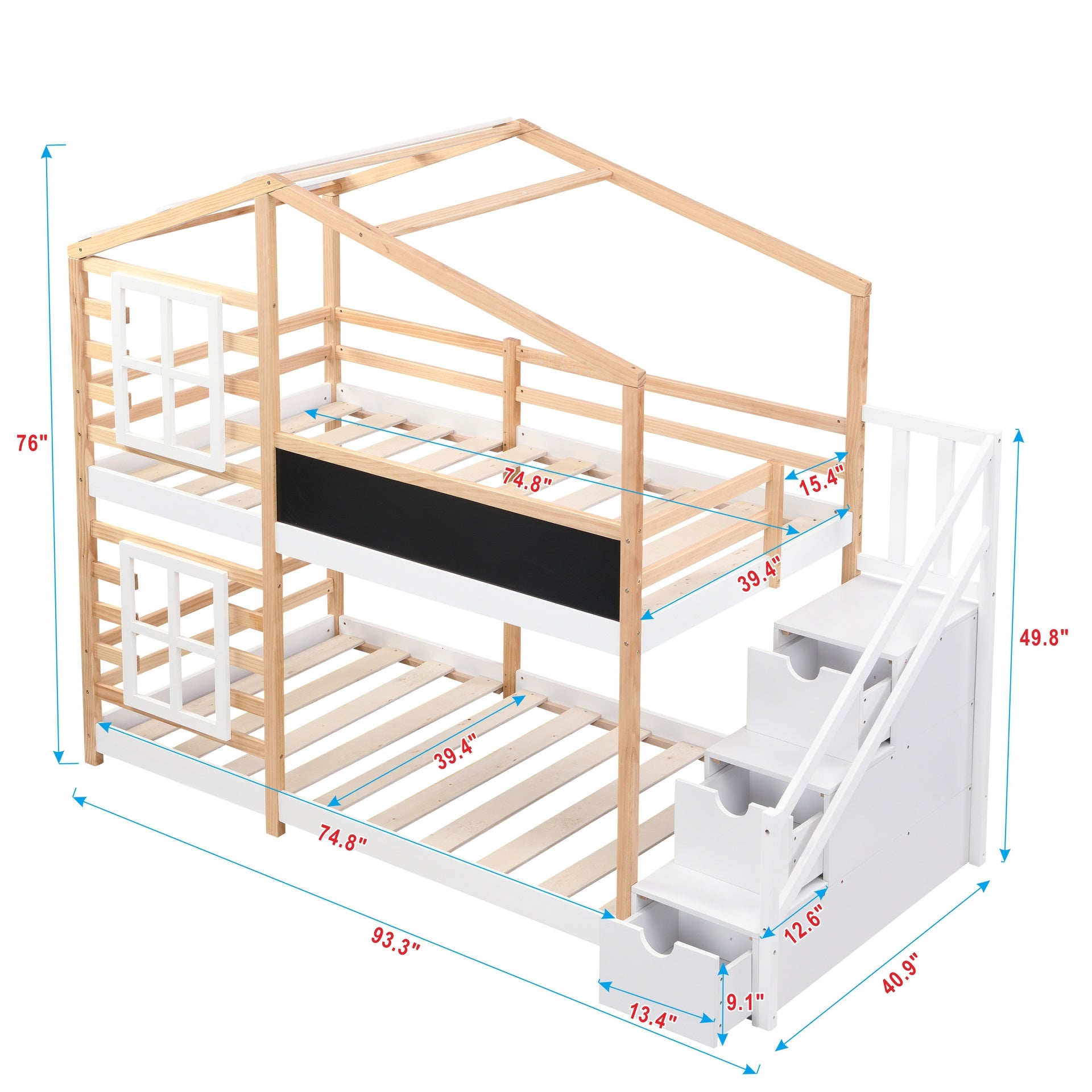 Twin over Twin  Bunk Bed House Bed With Roof Windows Blackboard And Storage Ladder Platform Bed,bed Frame