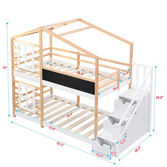 Twin over Twin  Bunk Bed House Bed With Roof Windows Blackboard And Storage Ladder Platform Bed,bed Frame