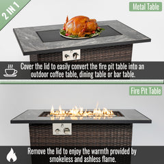 44" Propane Gas Fire Pit Table, 50000 BTU Rectangular Fire Pit, Tile Tabletop with Beautiful Wicker Base for Outside Patio Deck Garden Courtyard-Brown