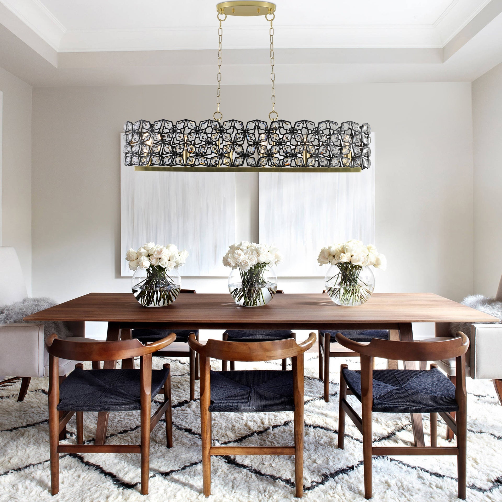 39" Contemporary Crystal and BlackGold Pendant Chandelier – Geometric Modern Light Fixture for Dining Room, Kitchen, or Living Room (Bulb Not Included)