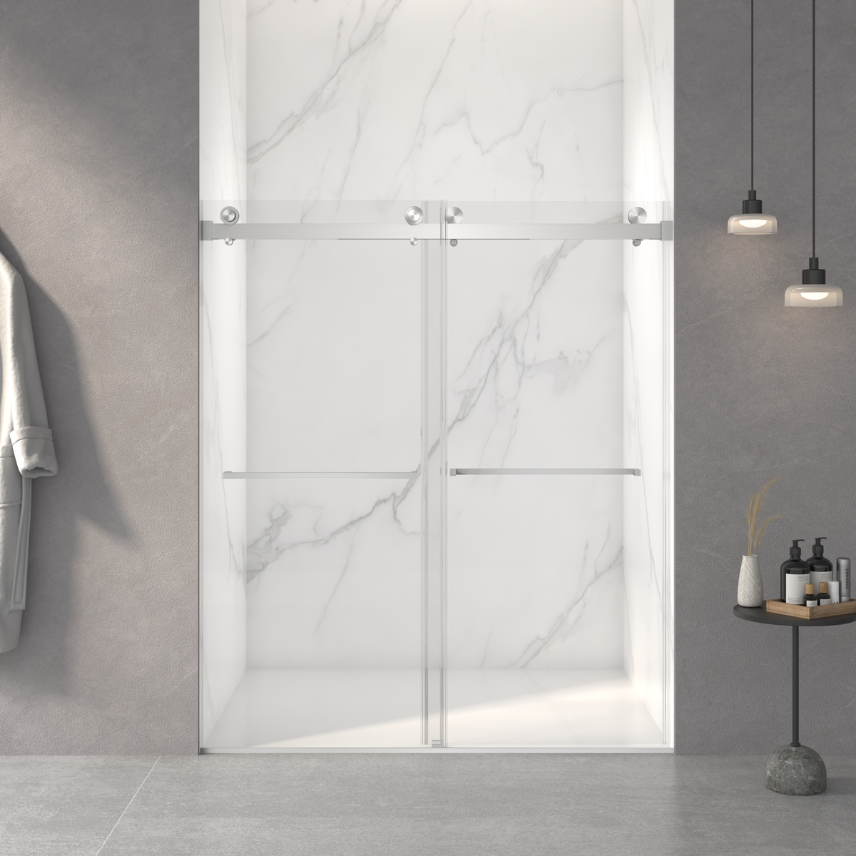 56-60"W x 70"H Frameless Double Sliding Shower Door,5/16" (8mm) Thick SGCC Tempered Clear Glass,Double Side Easy Clean Coat,Brushed Nickel Finished With Buffer