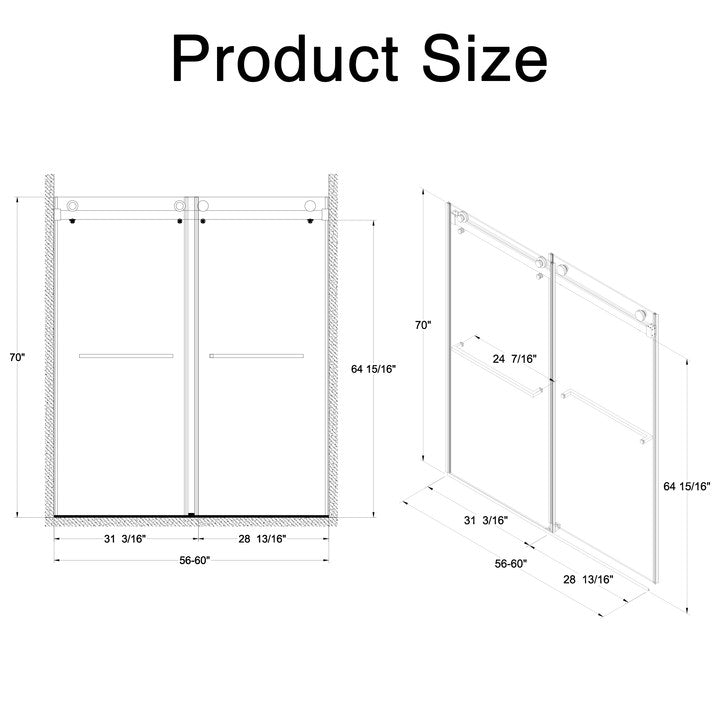 56-60"W x 70"H Frameless Double Sliding Shower Door,5/16" (8mm) Thick SGCC Tempered Clear Glass,Double Side Easy Clean Coat,Brushed Nickel Finished With Buffer