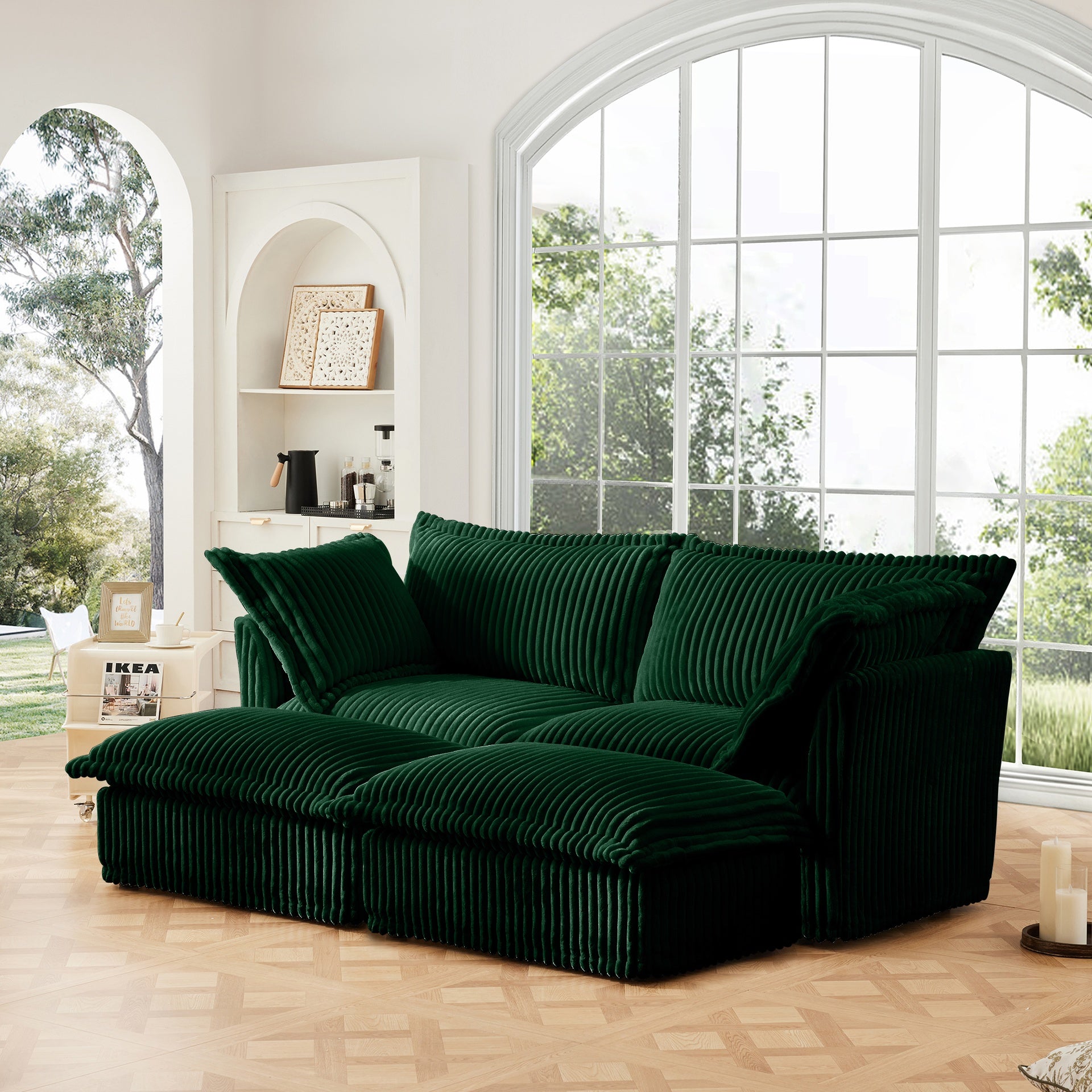Slipcovered Sofa 2 Seater Sofa    With 2 Ottomans, 2 Seater Sleeper Sofa Bed Home Theater Oversized Sofa For Living Room, Corduroy, Green