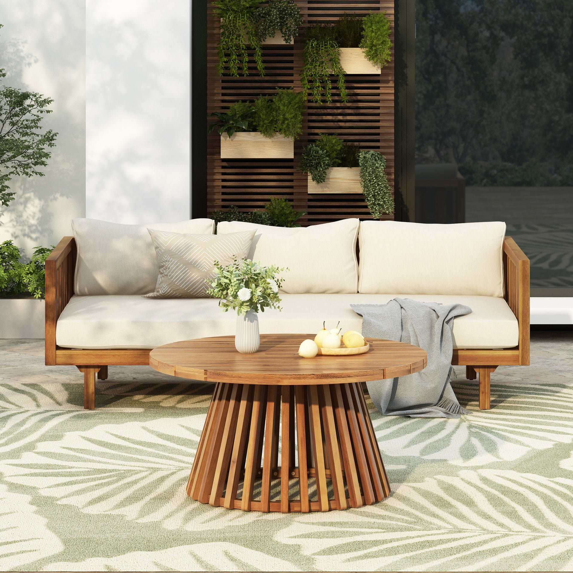 Acacia Wood Patio Furniture Set,Outdoor 3 Seater Daybed(with Water Resistant Thick Cushions)and Round Coffee Table, Beige Cushion