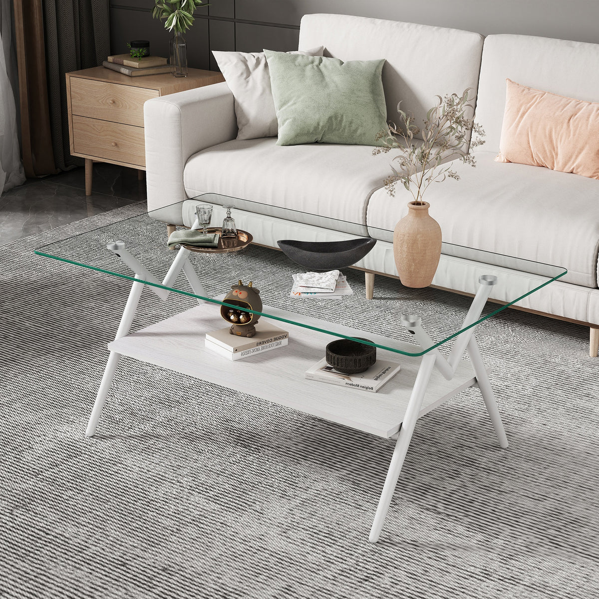 Rectangle Coffee Table with Tempered Glass top and White Metal Legs, Modern Table for Living Room , Transparent Glass